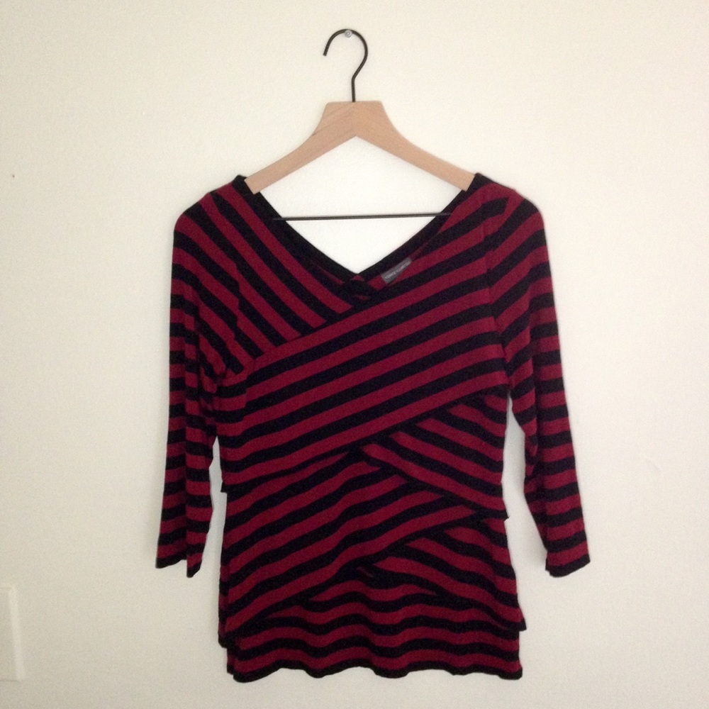 Vince Camuto Black Red Striped 3/4 Sleeve Shirt